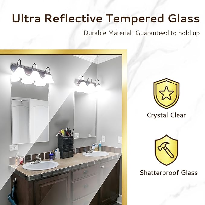 Gold Bathroom Mirror 26"x38", Rectangle Vanity Mirror with Frosted Metal Frame, Tempered Glass Wall Mounted Mirrors, Rust-Resistant for Bathroom, Bedroom & Living Room Decor