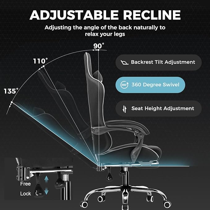 GTPLAYER Gaming Chair with Footrest, Computer Chair with and Lumbar Support, Height Adjustable Game Chair with 360°-Swivel Seat and Headrest and for Office or Gaming (All Black-Fabric)