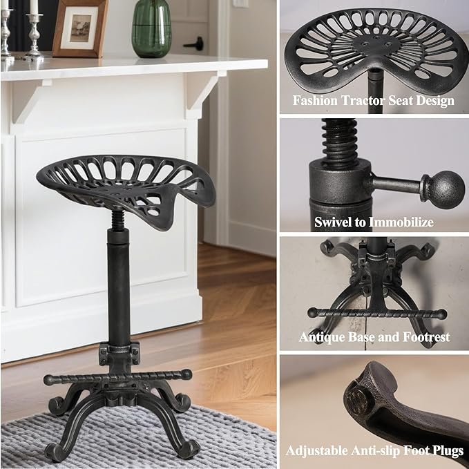 Rustic Tractor Seat Bar Stool Cast Iron Saddle Seat Industrial Counter Stools 20-27inch Height Adjustable