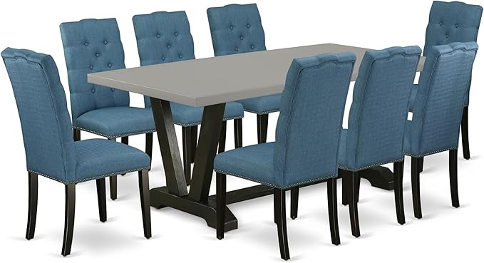 East West Furniture V697EL121-9 9 Piece Dining Room Table Set Includes a Rectangle Kitchen Table with V-Legs and 8 Blue Linen Fabric Parson Dining Chairs, 40x72 Inch, Multi-Color