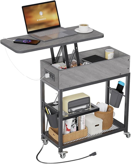 Colima Lift Top End Table with Charging Station and Wheels, Sofa Side Table with USB Port & AC Outlets, Movable Bedside Nightstand with Side Bag for Office Living Room Bedroom(Gray)