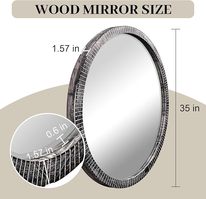 35" Round Wood Mirror, Rustic Circle Wall Mirror with Beveled, Wooden Round Mirror for Wall Decor, Decorative Wall-Mounted Mirror for Entryway, Living Room, Washed Black Frame