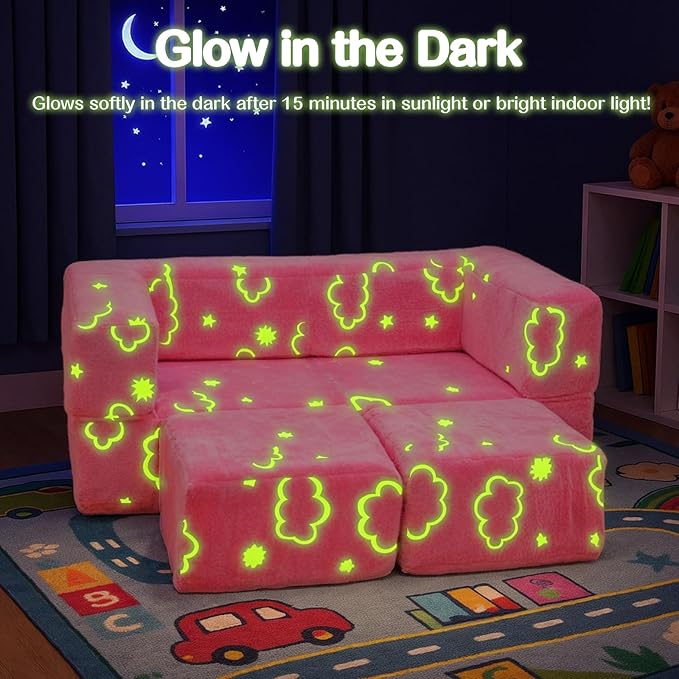 Lamerge Toddler Couch Glow in The Dark Toddler Fold Out Couch for playroom, Convertible Baby Fold Out Play Foam and Floor Cushion for Bedroom (Pink+Clouds)