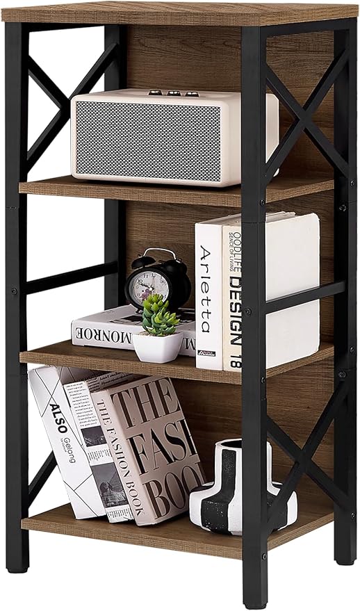 Small Bookshelf,4 Tier Industrial Bookcase with Metal Frame and Backboard,Narrow Rustic Brown Book Shelf,Book case for Small Spaces,Living Room,Bedroom and Home Office