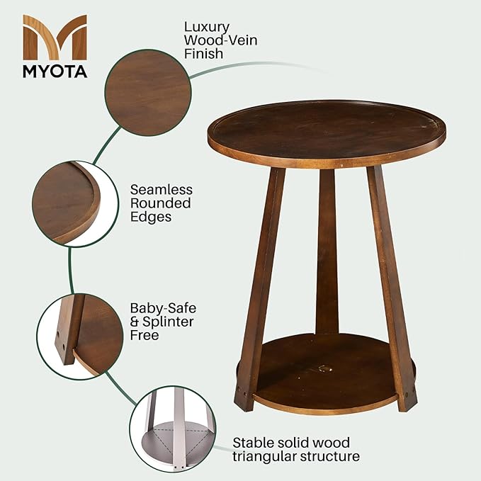 Round Solid Wood Side Table - Small Round Wooden End Table, Modern Living Room Side Beside Tables with Shelf for Couch Sofa Armchair Office Bedroom, Walnut, 19.6 in x 19.6 in x 23.6 in