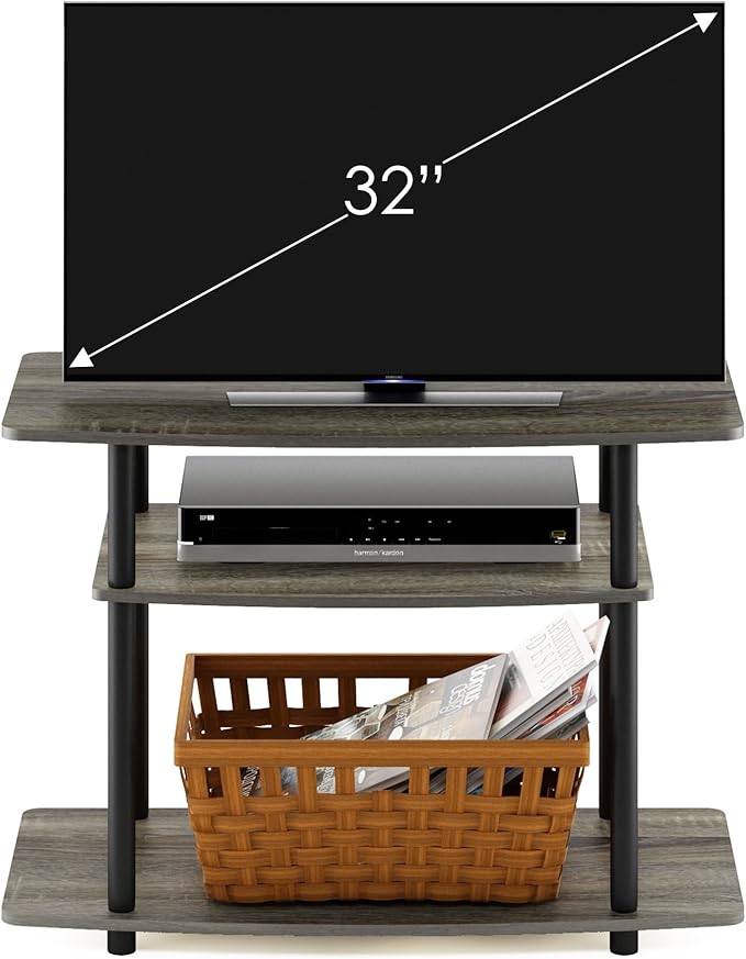 Furinno Turn-N-Tube No Tools 3-Tier Entertainment Center TV Stand for TV up to 32 Inch, Plastic Round Tubes, French Oak Grey/Black