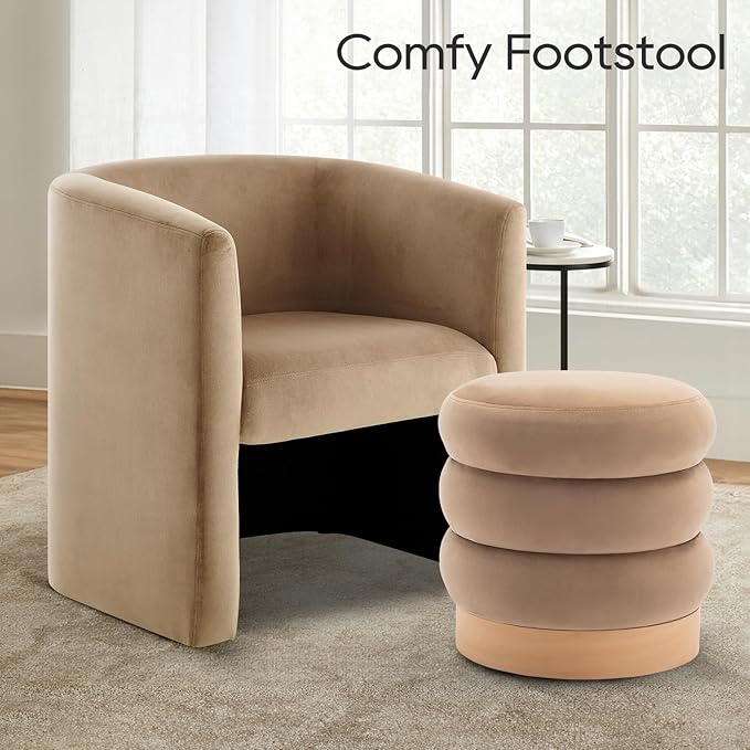 COLAMY Velvet Ottoman Footstool, Tufted Modern Foot Rest Stool with Wood Base for Living Room, Bedroom, Desk, Round Versatile Side End Table, Pouf, Makeup Seat, Camel