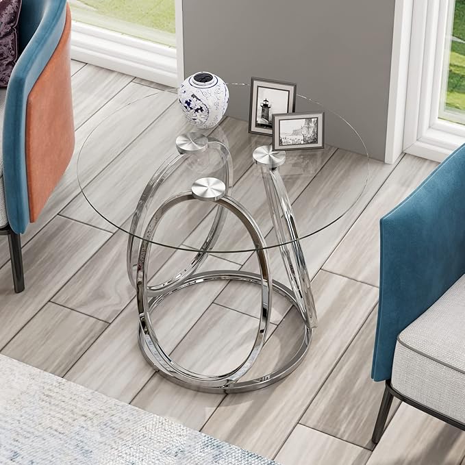 O&K FURNITURE Silver End Table for Living Room, Glass Side Table for Bedroom, Modern Round Glass Nightstand with Metal Frames for Home Office, Chrome Finish, 1 PC