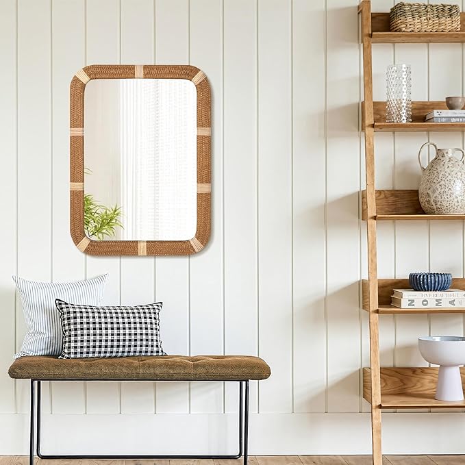 ULIKE Rectangle Rattan Wall Mirror, 22x30 Inch Rustic Farmhouse Wall Decor with Wicker Frame, Boho Mirror for Nursery Bathroom Bedroom Living Room Entryway