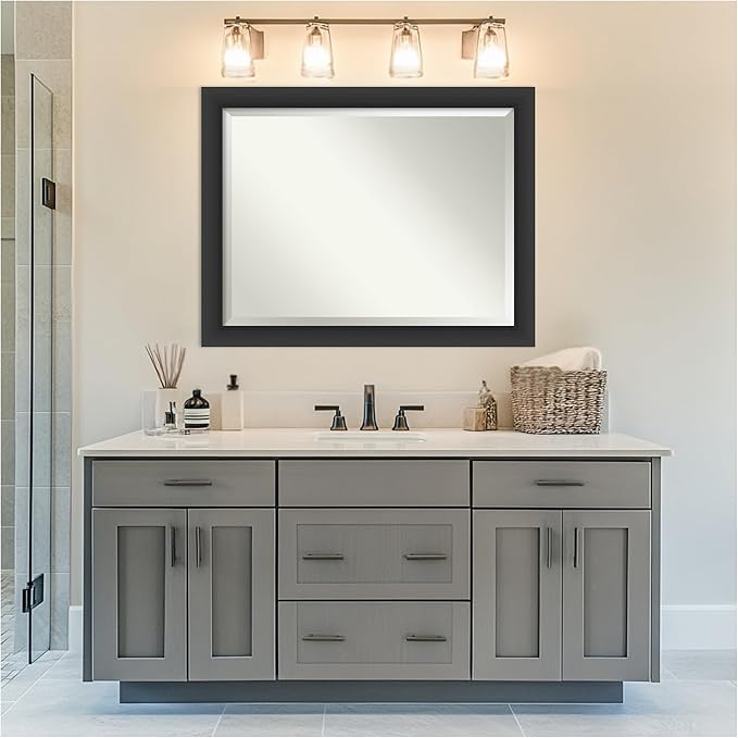 Amanti Art Black Bathroom Mirror for Over Sink, 36x46 Sloped Black Rectangle Vanity Mirror, X-Large Modern Contemporary Frame, Hangs Horizonally and Vertically, Bathroom Wall Decor, Beveled Edge