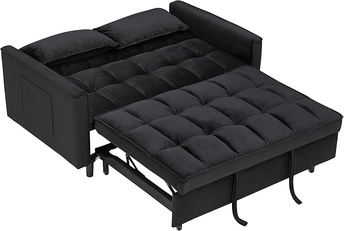 Ball & Cast 55" Convertible Sleeper Sofa Bed,Convertible Pull Out Couch with 2 Pillows,Adjustable Backrest & Side Pocket,Loveseat Futon Sofa Bed for Living Room,Apartment,Velvet Fabric,Black