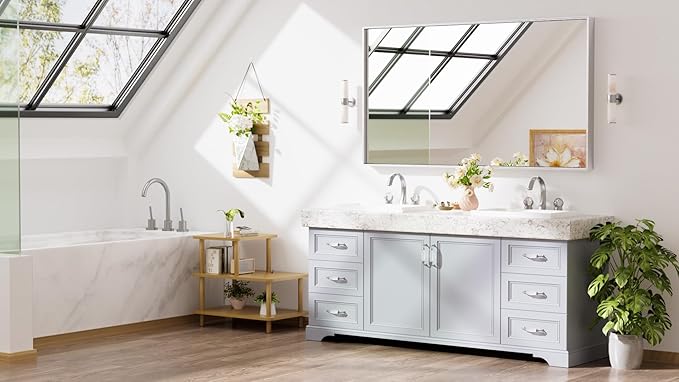 Keonjinn 55 x 30 in Brushed Silver Bathroom Vanity Mirror, Large Silver Framed Mirror for Over Sink, Metal Framed, Rectangle Square Corner, Modern Farmhouse Decorative(Horizontal/Vertical)