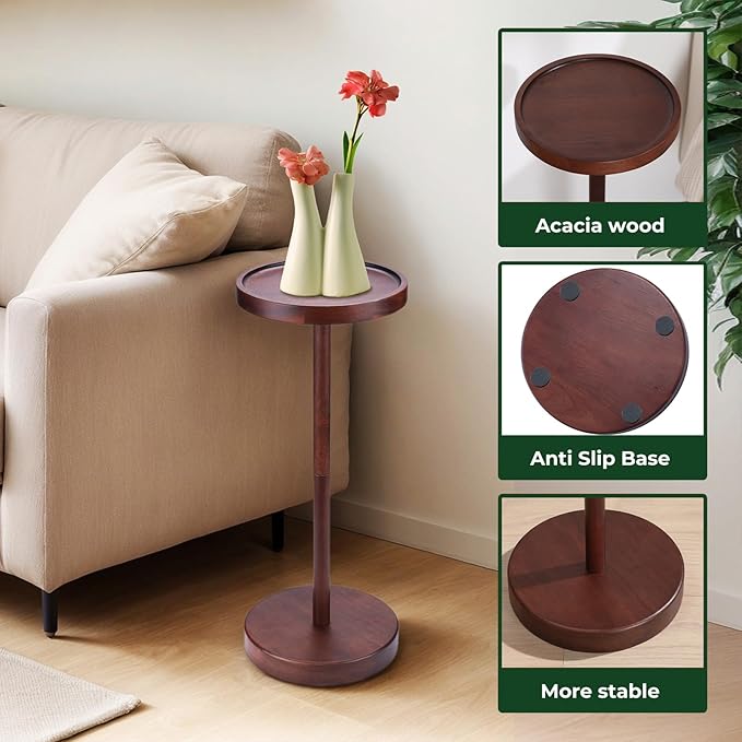 Solid Acacia Wood Pedestal End Table - Small Round Martini Table