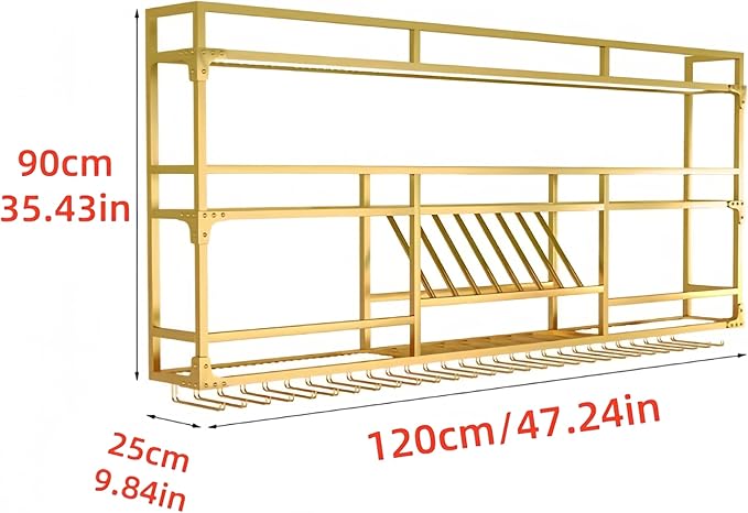 Metal Wall-Mounted Wine Rack with LED Light - 3 Tier Wine Storage Display Rack with Glass Holder - Space-Saving Bottle Display Shelf for Home Bars, Dining Rooms(Gold, 47in/120cm)