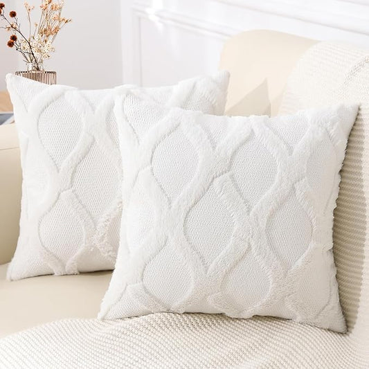decorUhome Throw Pillow Covers 20x20 Inch Set of 2, Soft Plush Faux Fur Wool Cream White Couch Pillow Covers, Decorative Neutral Pillow Cases for Bed Sofa Living Room Home Decor