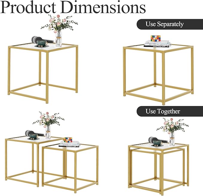 Garden 4 you Coffee Table Set of 2, Modern Patterned Glass Nesting Table, Metal Frame Square Center Table Set, Side Tables, Nesting Coffee Table for Living Room, Bedroom and Small Spaces, 19.7in Gold