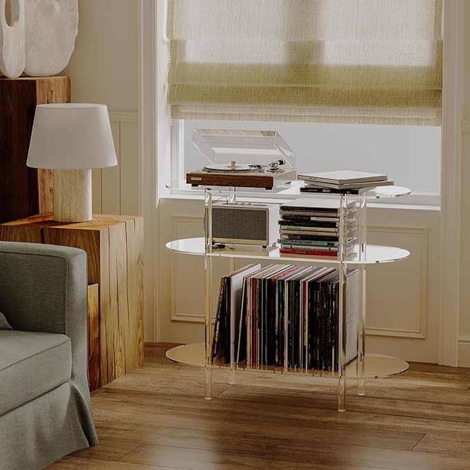 HMYHUM Acrylic Record Player Stand with Vinyl Storage, 35.4" L x 15.7" W x 30.1" H, Large Turntable Stand Table Holds Up to 200 Albums, 3-Tier Clear Vinyl Record Holder for Living Room, Bedroom