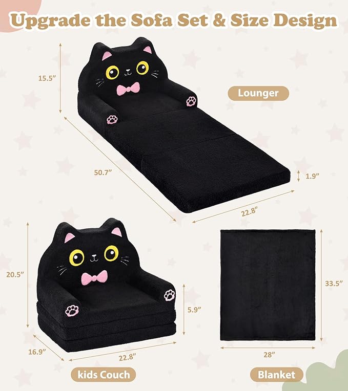 Kids Couch, 2-in-1 Soft Toddler Couch Fold Out with Blanket, Chair Comfy, Foldable Convertible Plush Sofa to Lounger, Gifts for Kids Girl Boys, Black Kitty