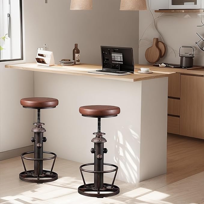 Vintage Swivel Bar Stools Industrial Leather Seat Bar Stool Fire Hydrant Design Kitchen Dinning Chair 24-30inch Height Adjustable with Footrest