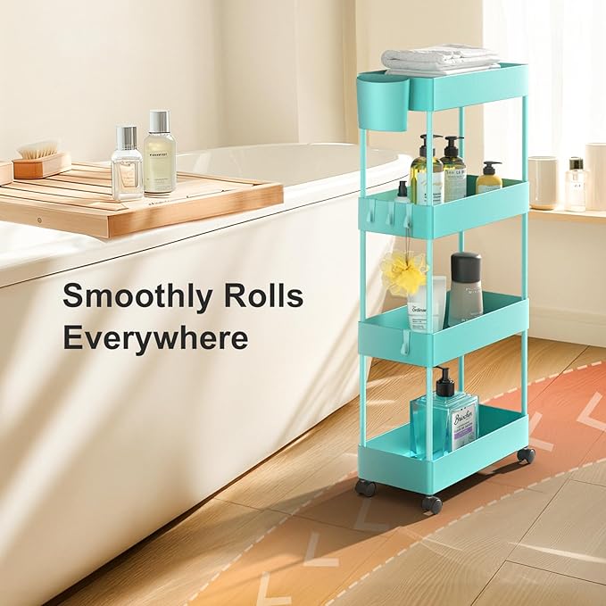 Pipishell Slim Storage Cart with Wheels, 4 Tier Bathroom Storage Organizer Rolling Utility Cart for Bathroom Kitchen Laundry Room Office Narrow Place (Turquoise)