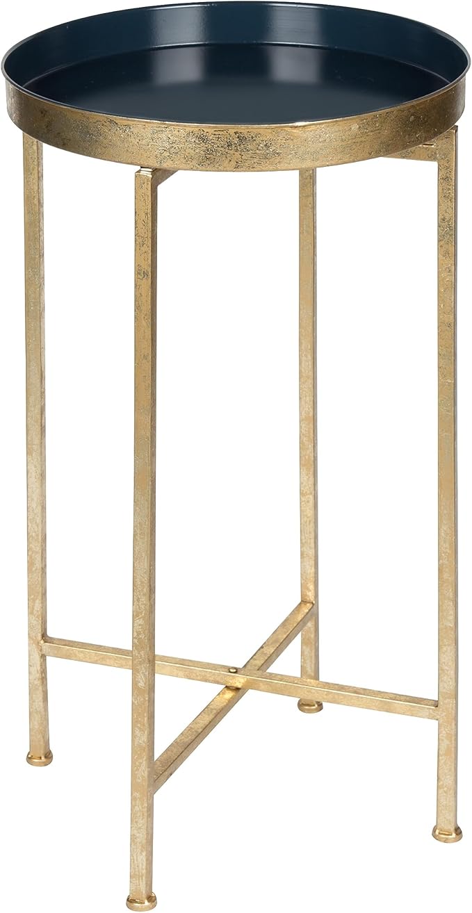 Kate and Laurel Celia Round Metal Foldable Tray Accent Table, Navy Blue with Gold Base