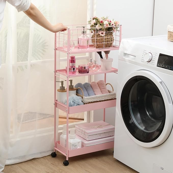 KINGRACK Slim Storage Cart, 4-Tier Metal Utility Rolling Cart with Wheels,Bathroom Organizer, Skinny Rolling Trolley, Mobile Shelving Unit for Office, Laundry Room, Narrow Place,Pink