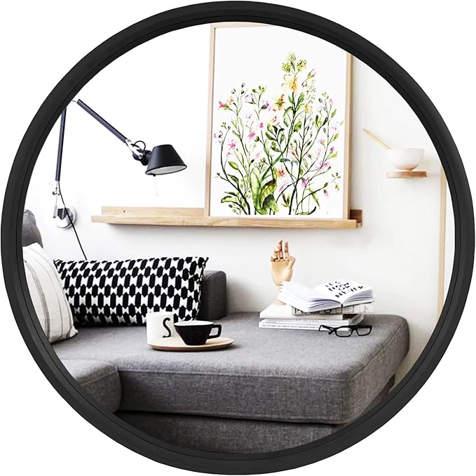 HOMECOOKIN Wood Round Wall Mirror, Large Circle Rustic Accent Decor Mirror, Hanging Bathroom with Frame for Living Room, Bedroom, Entryway, 24 inch, Black