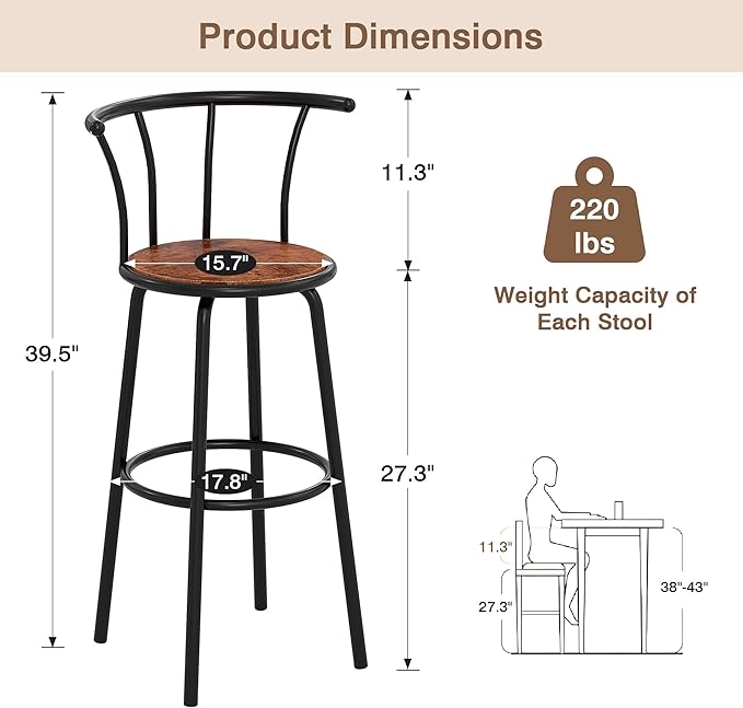 VECELO Bar Stools Set of 2, Swivel Counter Stools with Backrest, Bar Height Stools for Dining Room, Kitchen Island, Pub, Easy Assembly, Dark Brown
