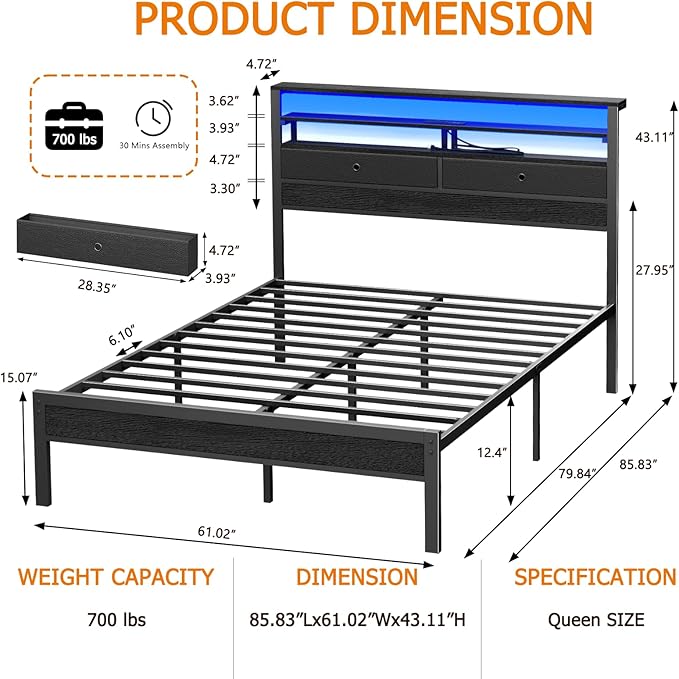 Furnulem Queen Bed Frame with Headboard & 2 Fabric Drawers, Bed Frame Queen Size Featuring LED Lights, Built-in Charging Station & Storage Shelves, Metal Slats, No Box Spring Needed – Black Oak