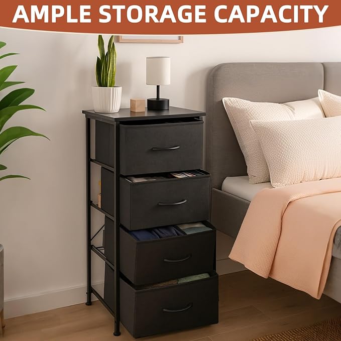 Nightstand with 4 Fabric Bins, Bedside Furniture, Night Stand, End Table Nightstand Storage Tower Unit Organizer with 4 Fabric Bins for Living Room (Black)