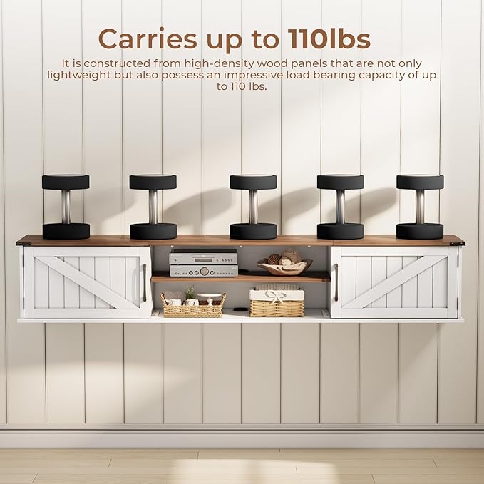 Floating TV Stand with Doors, 63'' Farmhouse Floating TV Shelf for TVs up to 80 Inch, 2 Tier Wall Mounted TV Stand, Floating Entertainment Center, TV Floating Cabinet for Living Room, Bedroom, White