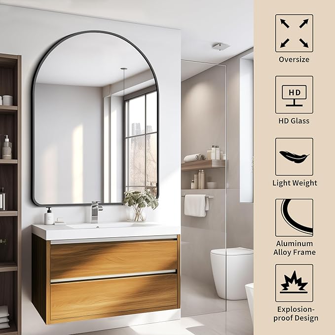 FORBATH Arched Mirror 36x48 Inch, Bathroom Mirror Wall Mounted Modern Black Aluminum Alloy Frame Decor Large Dresser Mirror for Bedroom Living Room Entryway, Hanging or Leaning Against Wall