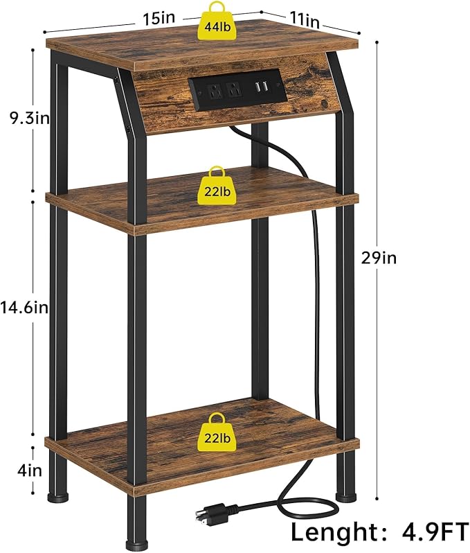 Tall Side Table with Storage, 3-Tier Small End Table with Charging Station, Narrow Bedside Table Stand, Space-Saving Nightstand for Living Room, Bedroom,Office, Rustic Brown