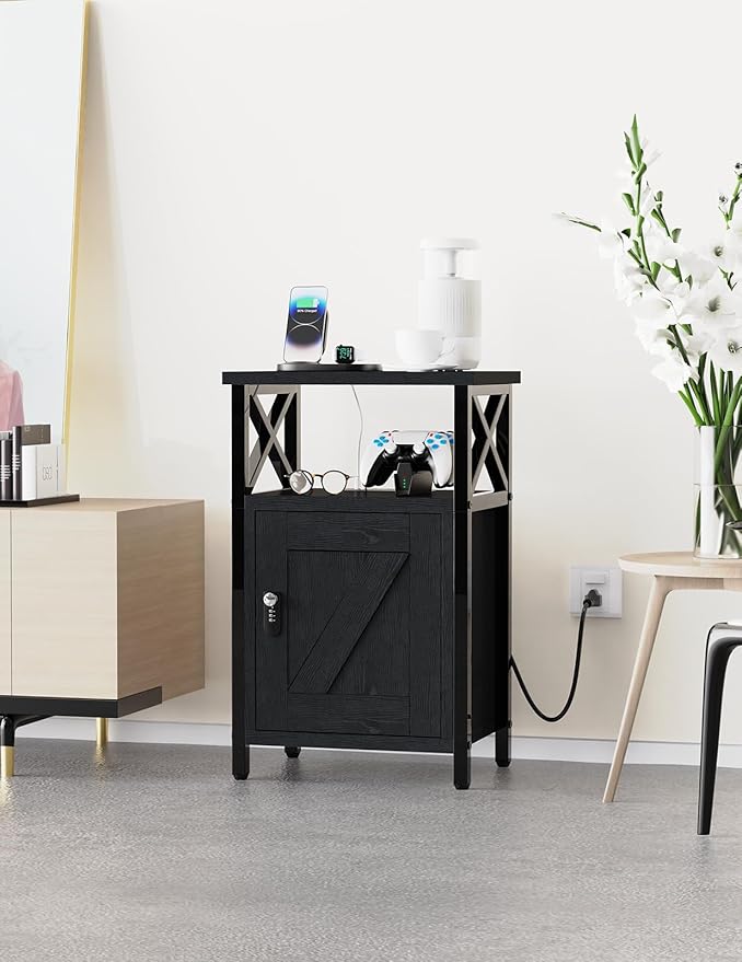 Wooden Nightstand with Charging Station, Bed Side Table with Drawers, Bedside Table with Lock, 3 USB & 2 Outlets, Night Stand with Storage, End Tables for Living Room, Bedroom, Dorm, Black