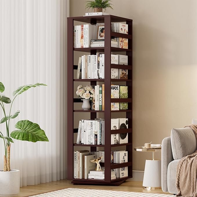 Homykic Rotating Bookshelf, Bamboo 360 Display Spinning Bookshelf Tower, 5-Tier Small Corner Bookcase for Small Spaces, Narrow Revolving Book Shelf Organizer Rack for Home Office, Espresso