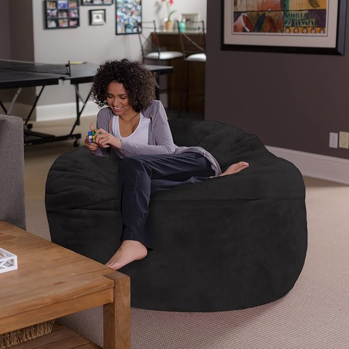 Sofa Sack Bean Bag Chair - Plush, Ultra Soft - Memory Foam Bean Bag Chair with Faux Rabbit Fur Cover - Stuffed Foam Filled Furniture and Accessories for Dorm Room 5 Feet - Black
