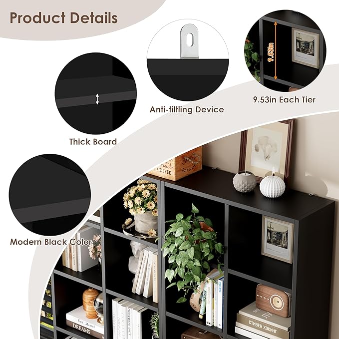 FOTOSOK 71'' Tall Bookshelf, Double Wide Media Tower Rack CD DVD Rack Display Cabinet with Adjustable Shelves, Tall Narrow Bookcase Black Bookshelf for Home Office, Black