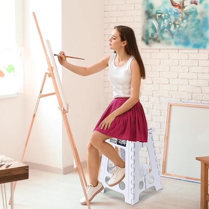 Delxo Folding Step Stool 17.5 Inch White Step Stools Foldable,Portable Collapsible Step Stool with Handle, Folding Stool for Kitchen Bathroom,Bedroom,Garden