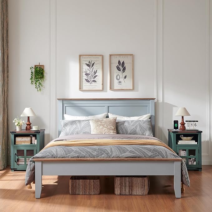 Farmhouse Nightstand with Charging Station, Rustic End Table with Tempered Glass Barn Door, Wood Sofa Side Bedside Table with Open Storage Shelf for Living Room, Bedroom, Green, 2 Pack