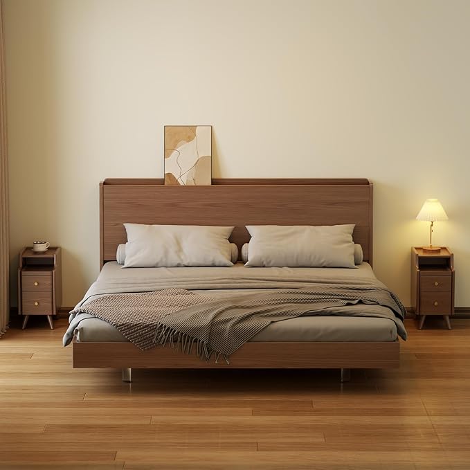 Small Nightstand with Drawers, Solid Wood Bedside Table, Narrow Walnut Nightstand for Bedroom