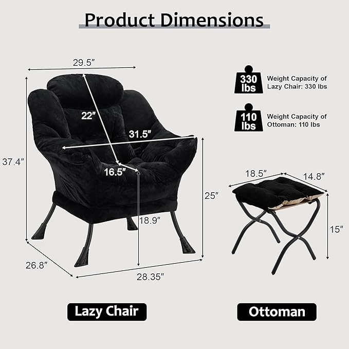 Fabric Lazy Chair with Ottoman, Oversized Upholstered Sofa Chair for Adults, Plush Comfy Lounge Chair with Large Side Storage Pocket, Reading Chair for Living Room, Bedroom, Study Room, Black