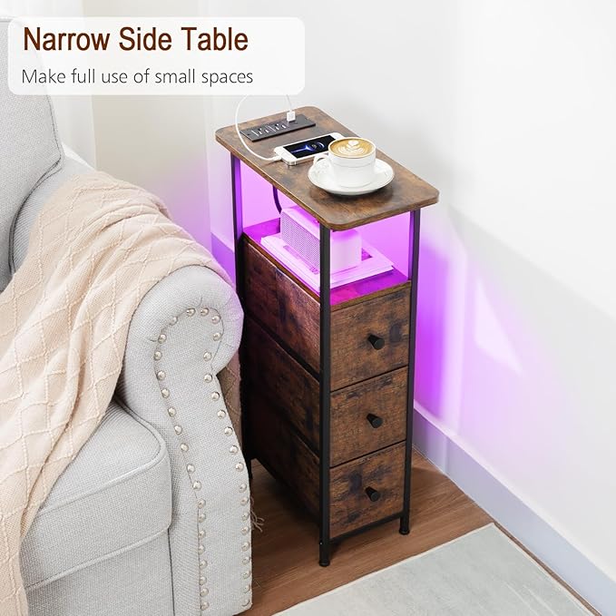 Narrow End Tables Living Room Set of 2 with Charging Station, Skinny Side Table with Fabric Drawers, Slim LED Nightstand for Bedroom, Small Spaces, Couch, Rustic Brown, HETNDP03LPBR