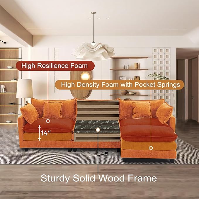 Furniliving 112‘’ L-Shaped Sofa, Luxury Chenille Modular Sectional Couches with Ottoman, Upholstered Deep Seat Sleeper Sofa with Memory Foam and Waist Pillows, Orange
