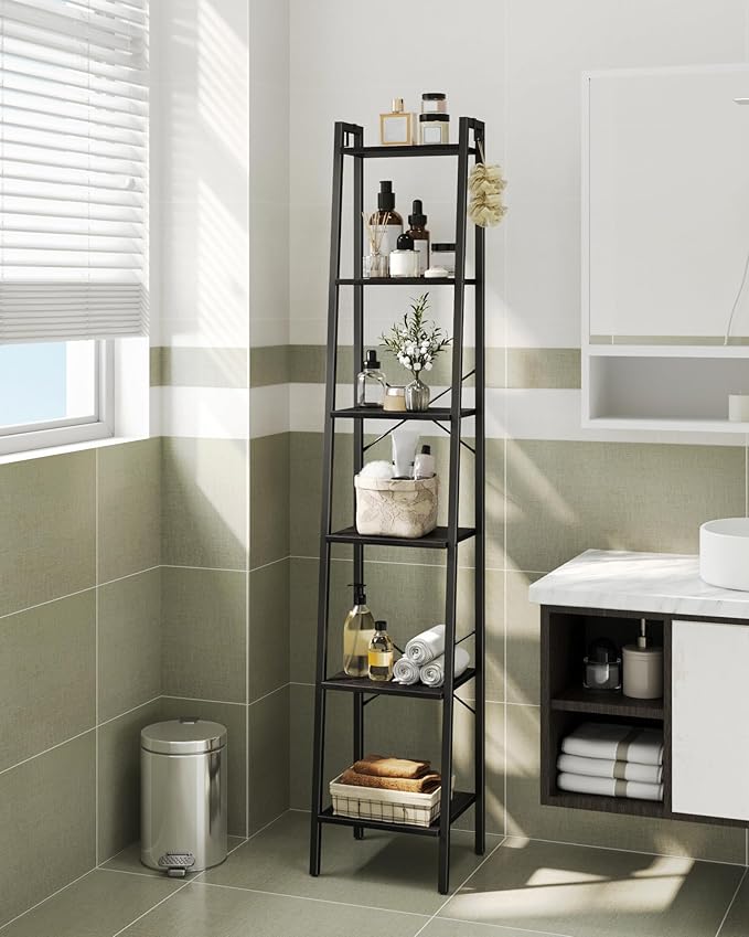 Ladder Shelf, Bookshelf Bookcase, Freestanding Corner Storage Shelve with 2 Hooks for Home Office, Living Room, Kitchen, Bedroom, Industrial, 6-Tier Black BC13304B