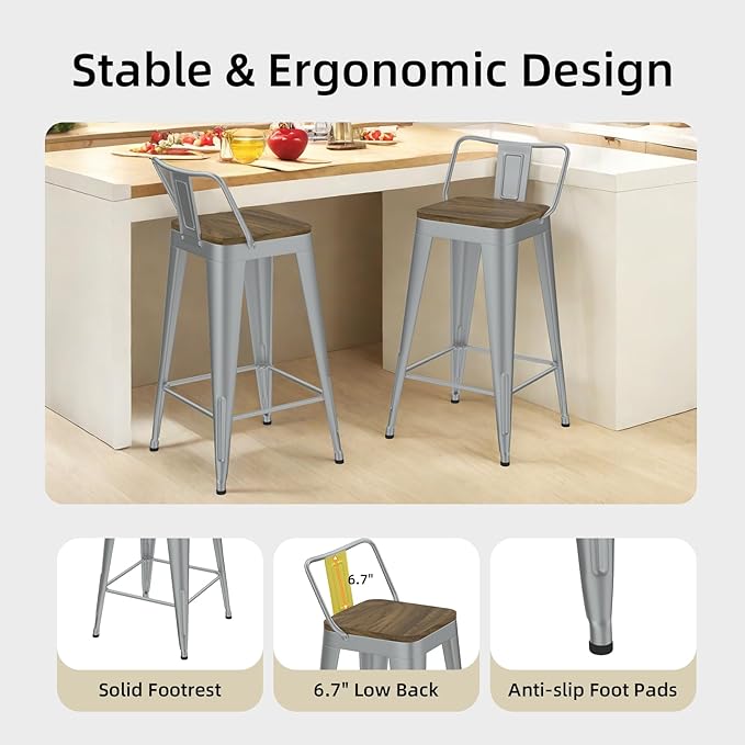 Silver Bar Stools Set of 4, Metal Bar Stools with Wooden Seat, Modern 26”Counter Height Barstools with Low Back