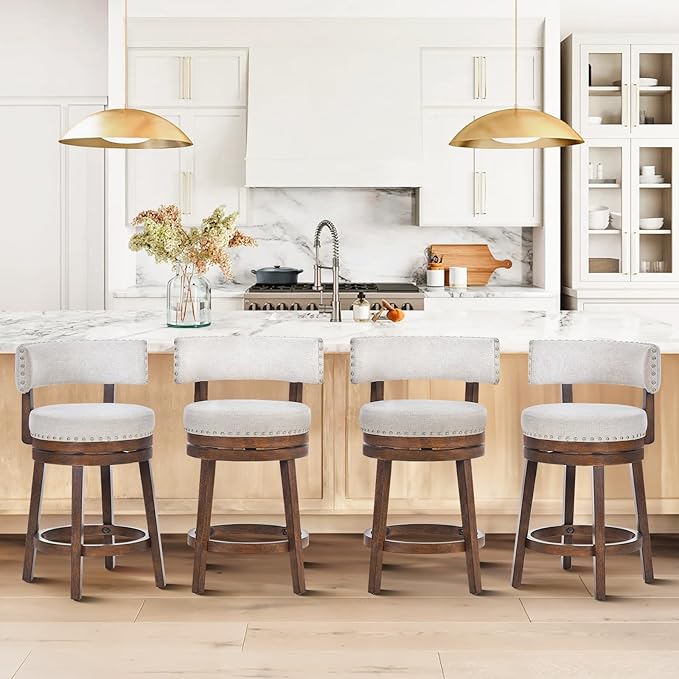 COLAMY Swivel Bar Stools Set of 4, Swivel Counter Height Barstools with Back, 25 Inch Modern Upholstered Bar Stools for Kitchen Island Dining Room Bar, Beige
