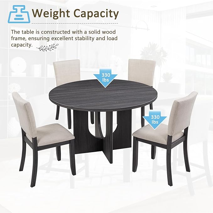 Ball & Cast 5 Piece Dining Table Set with 4 Upholstered Chairs,Wooden Living Room Furniture W/ 47.3" Round Kitchen Desk & Backrest Chair,for Small Space,Dining Room,Antique Black & Beige