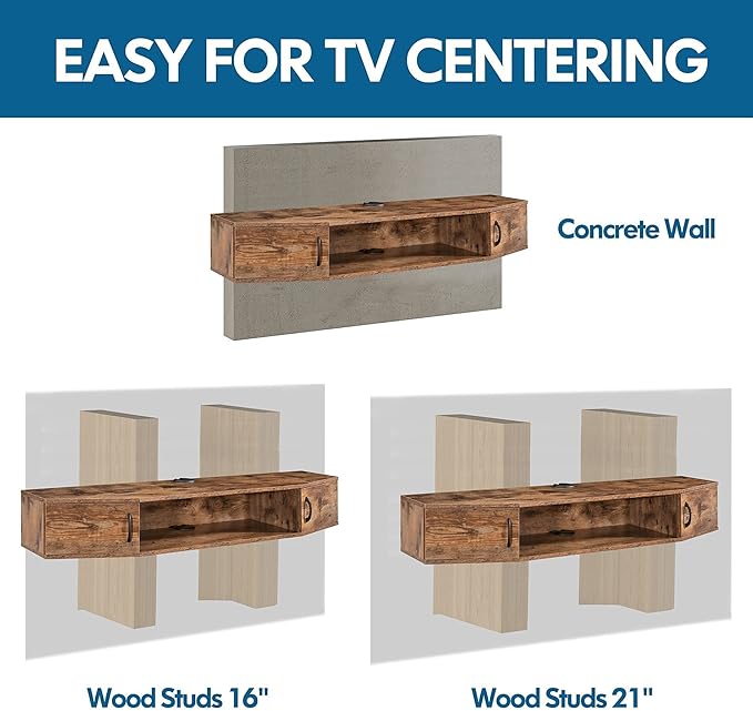 FITUEYES Floating TV Stand Wall Mounted TV Shelf Entertainment Center, Media Console with Cabinet Modern Component for Storage Hutch Under TV for Living Room Office,Rustic Brown