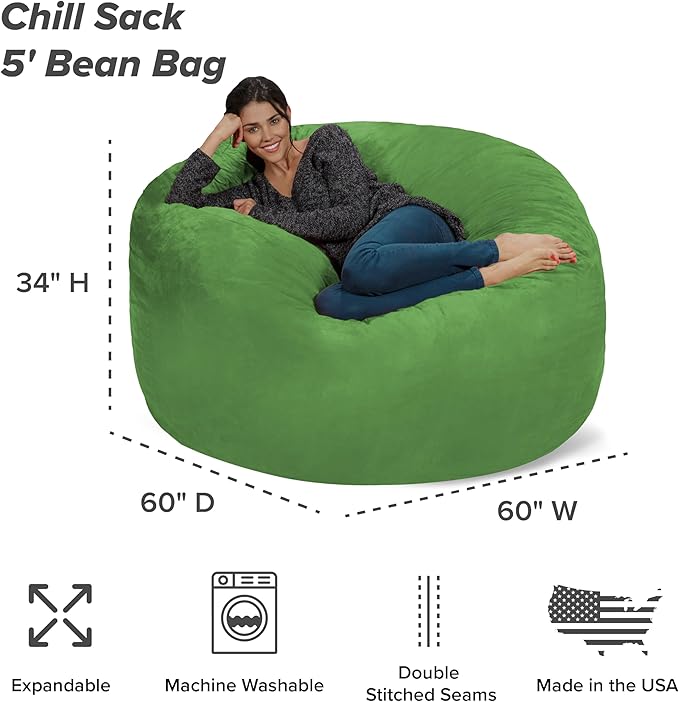 Chill Sack Bean Bag Chair - 5' Giant Memory Foam Lounge Chair with Soft Microfiber Cover – Cozy Furniture for Living Room, Dorm, & Kids' Rooms – Comfortable 5 Ft, Microsuede Lounge Sofa, Lime