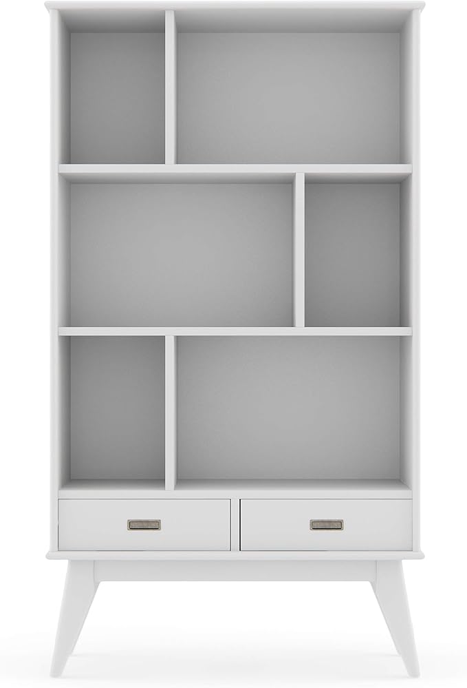 SIMPLIHOME Draper Bookcase - 64 inch Tall Solid Hardwood Wide Storage Bookshelf in White, Mid-Century Modern Storage for Living Room, Study Room or Office with Adjustable Shelves and Tapered Legs